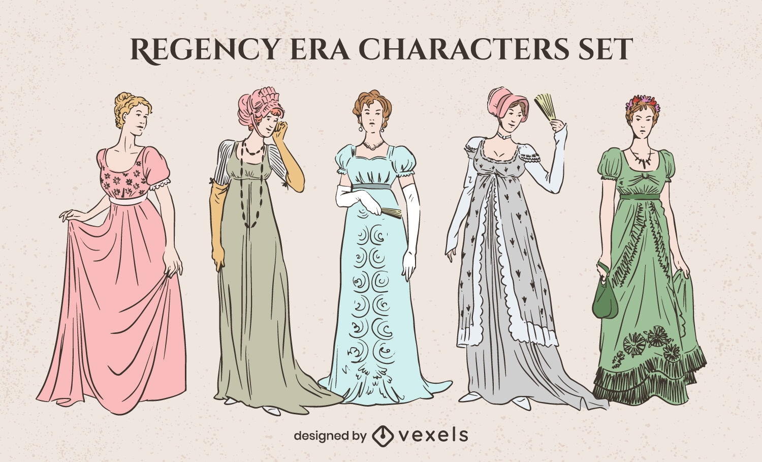 Conjunto de caracteres de moda feminina da Era Regência