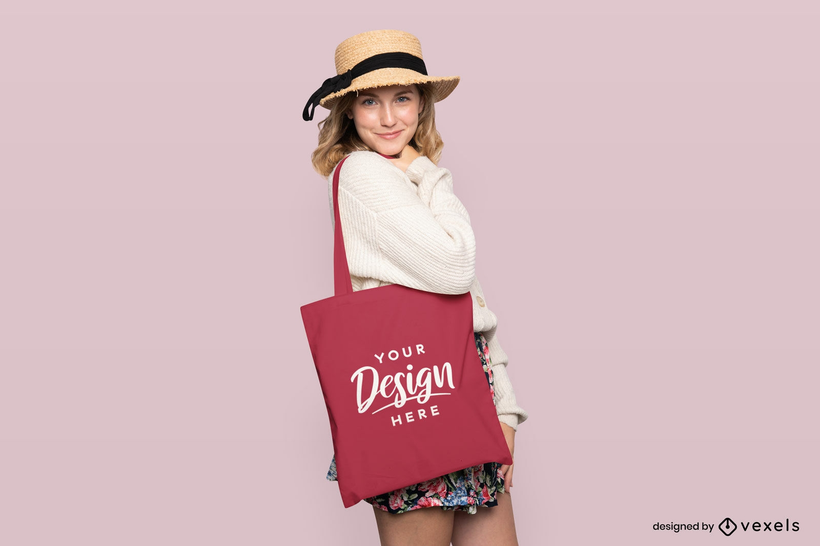 Woman in spring clothes and tote bag mockup
