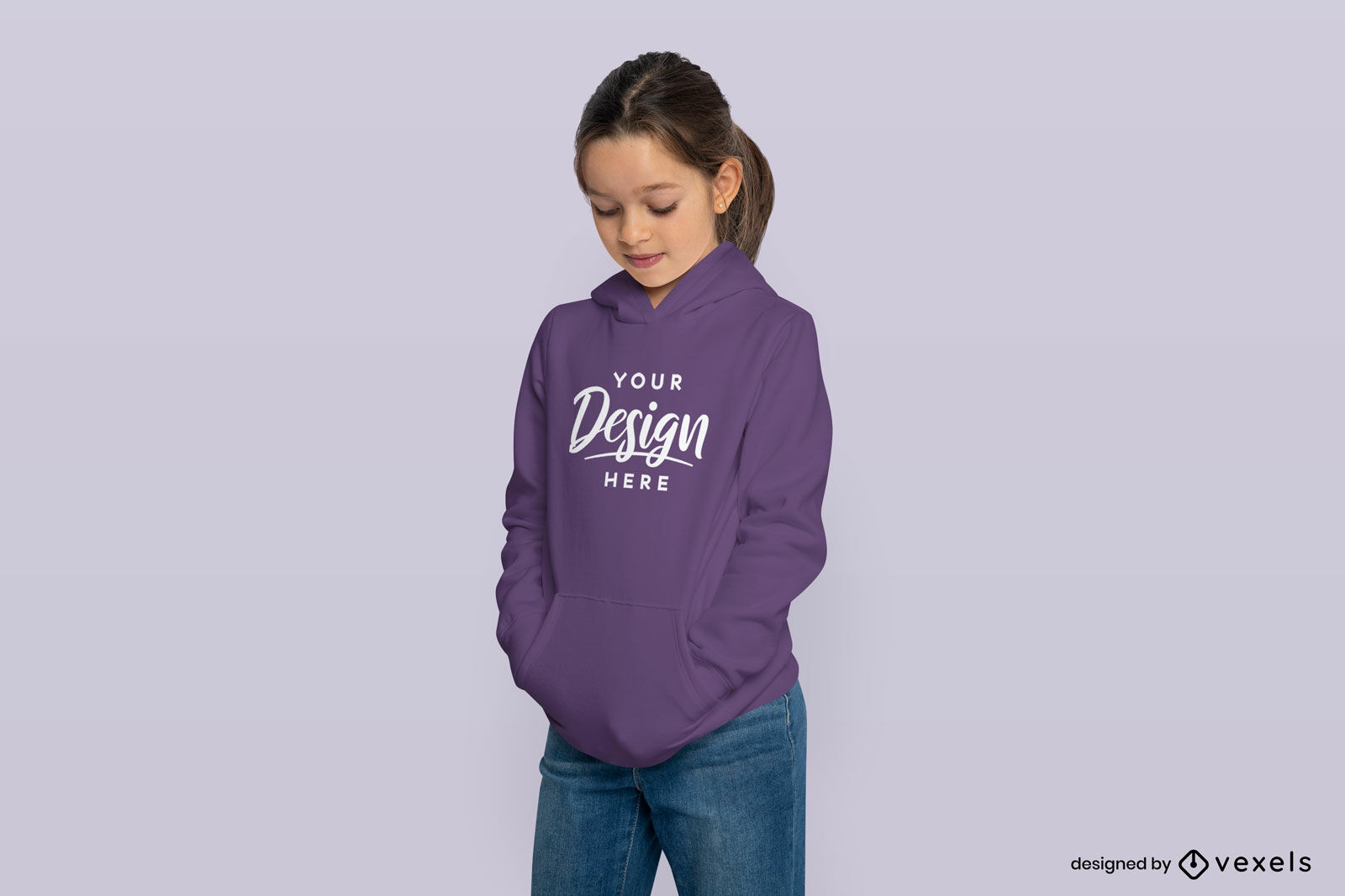 Girl child in hoodie and solid background mockup