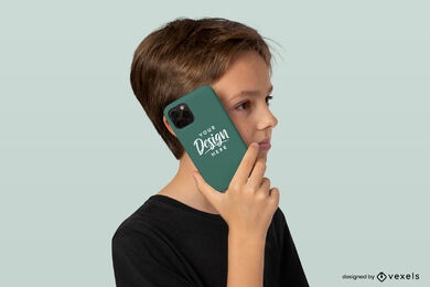 Child boy holding phone case mockup