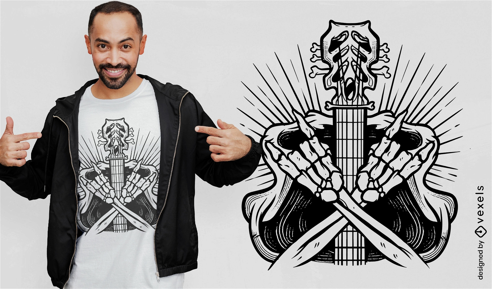 Diseño de camiseta de guitarra y esqueleto de rock and roll