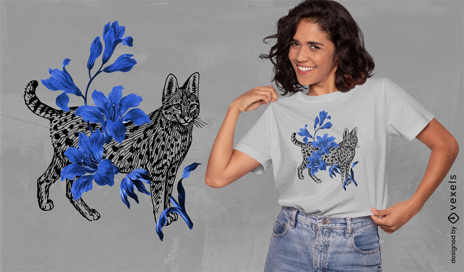 Gato com design de camiseta de flores azuis