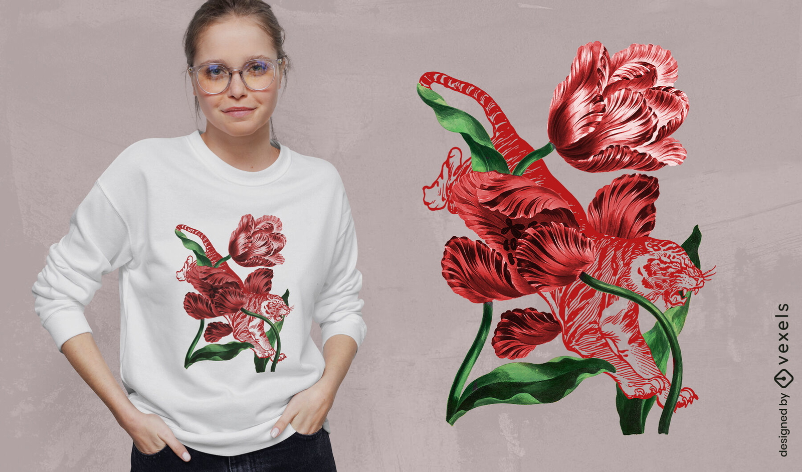 Diseño de camiseta de flores de tigre y rosa.