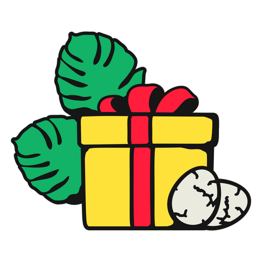 Gelbe Geschenkbox mit grünen Blättern und einer roten Schleife PNG-Design