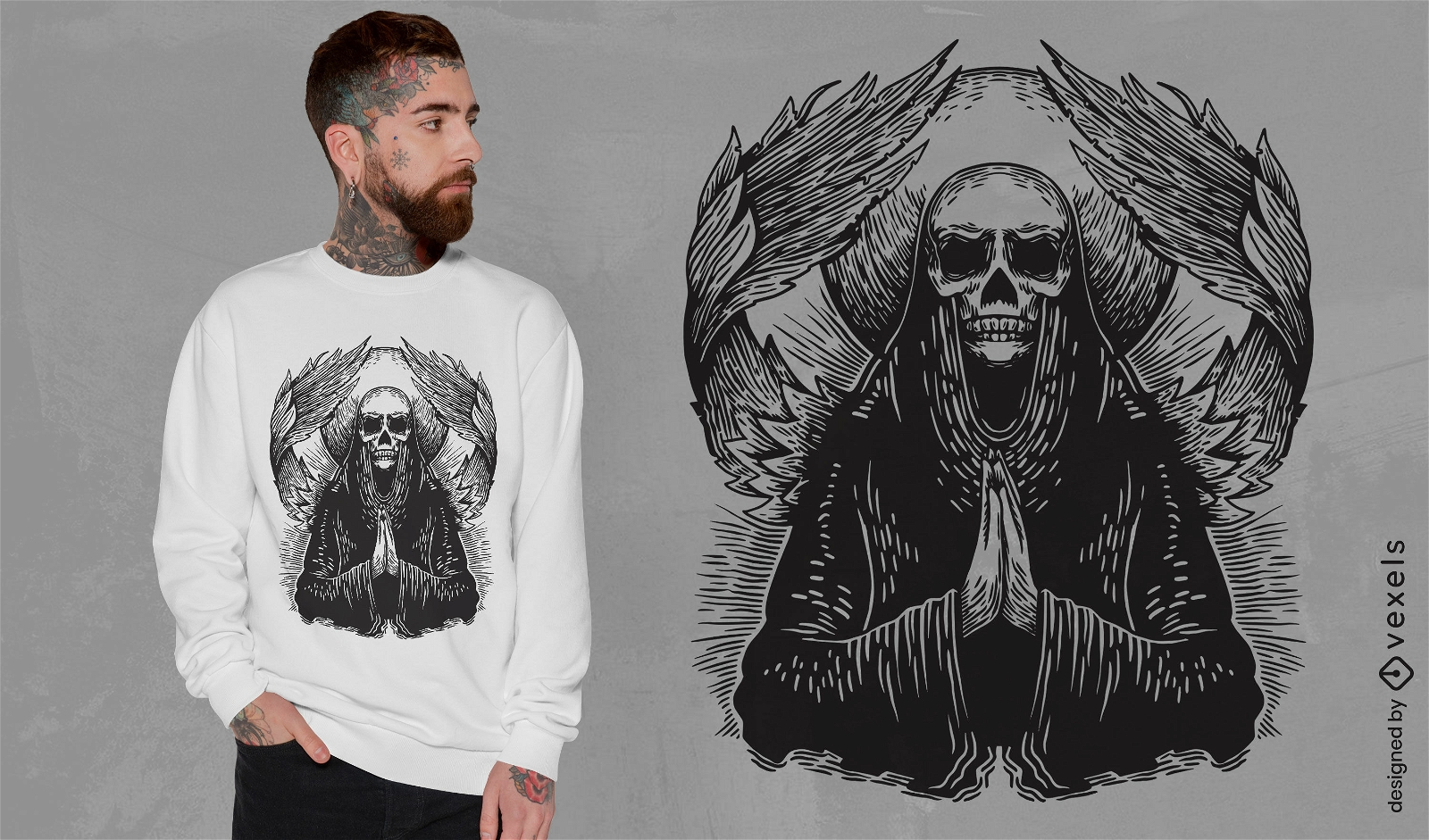 Diseño de camiseta de ángel esqueleto oscuro
