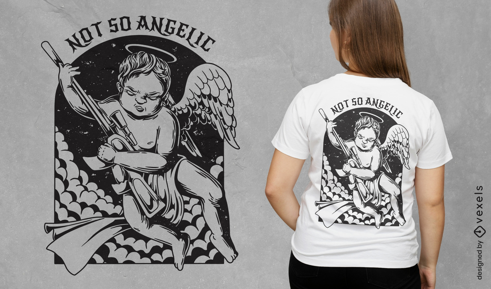 Design de camiseta com arma de anjo de bebê escuro