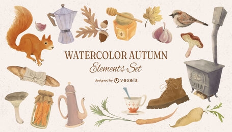 Watercolor autumn elements set