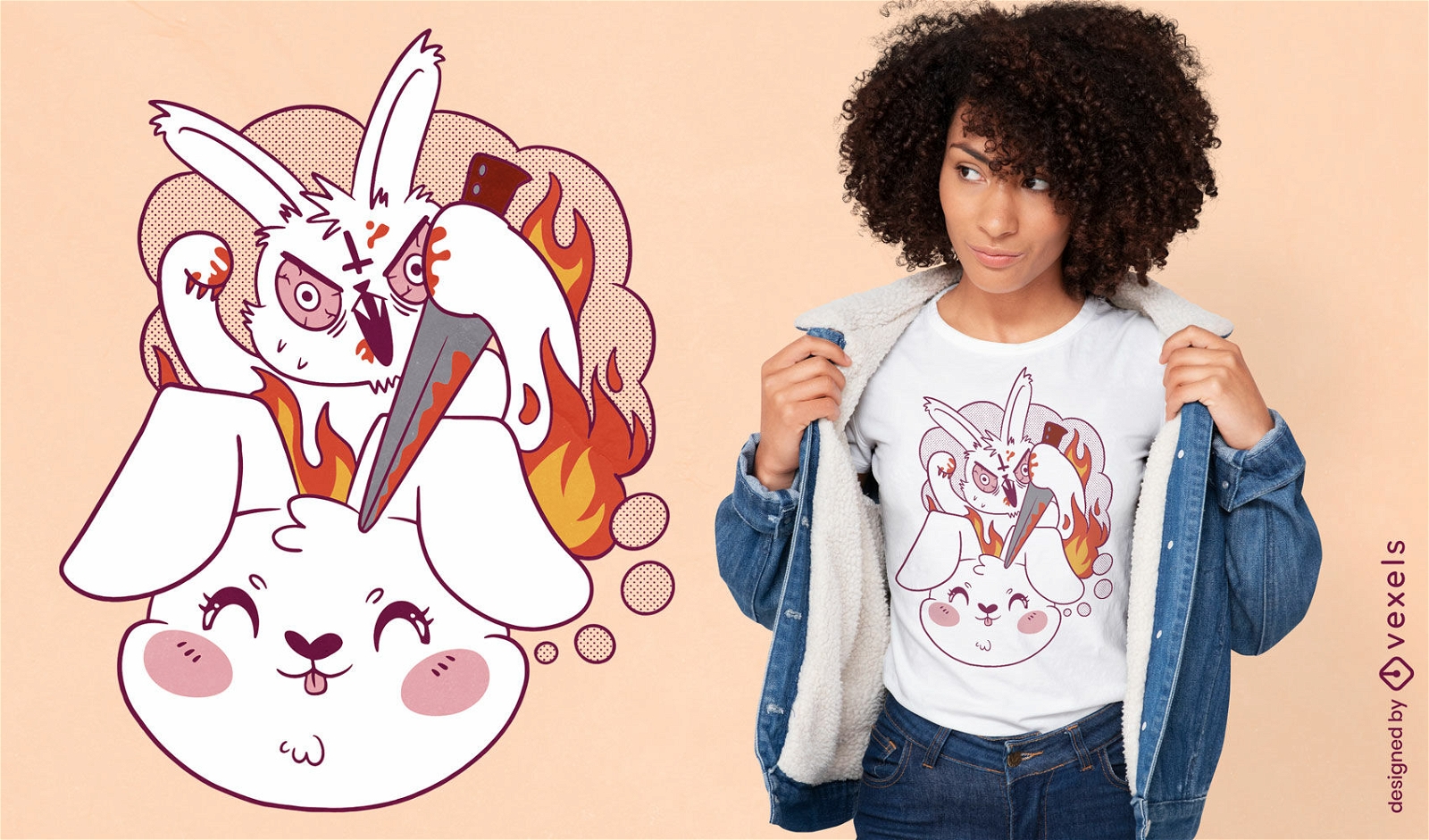Divertido diseño de camiseta de dibujos animados de conejito enojado