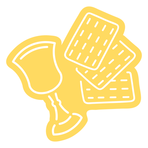 Icono amarillo con una taza y galletas saladas. Diseño PNG