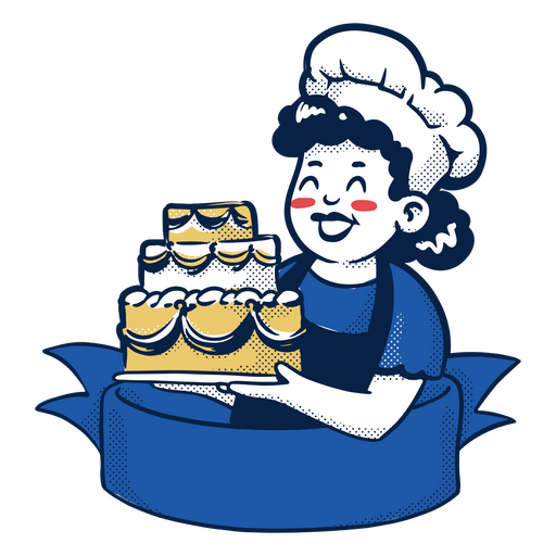 Baker sosteniendo un pastel sobre un fondo azul. Diseño PNG