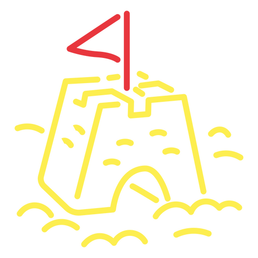 Letrero de neón con un castillo de arena y una bandera. Diseño PNG