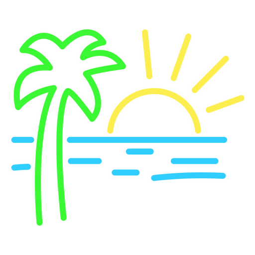 Letrero de ne?n con una palmera y el sol. Diseño PNG