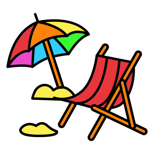 Colorida silla de playa y sombrilla. Diseño PNG