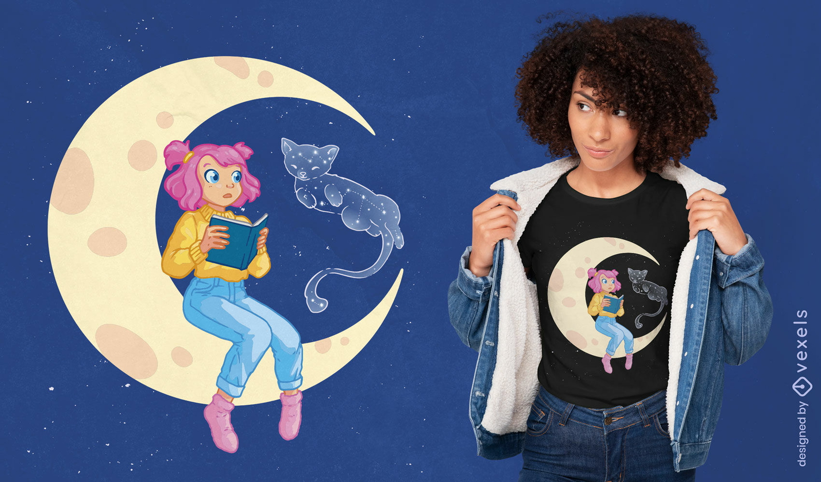 Diseño de camiseta de gato celestial y niña.