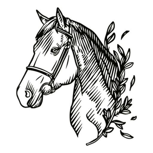 Dibujo en blanco y negro de la cabeza de un caballo. Diseño PNG