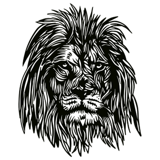 Dibujo en blanco y negro de la cabeza de un león. Diseño PNG