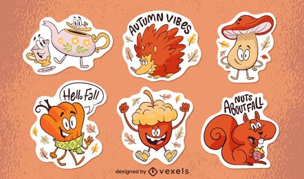 Autumn cartoon characters stickers set