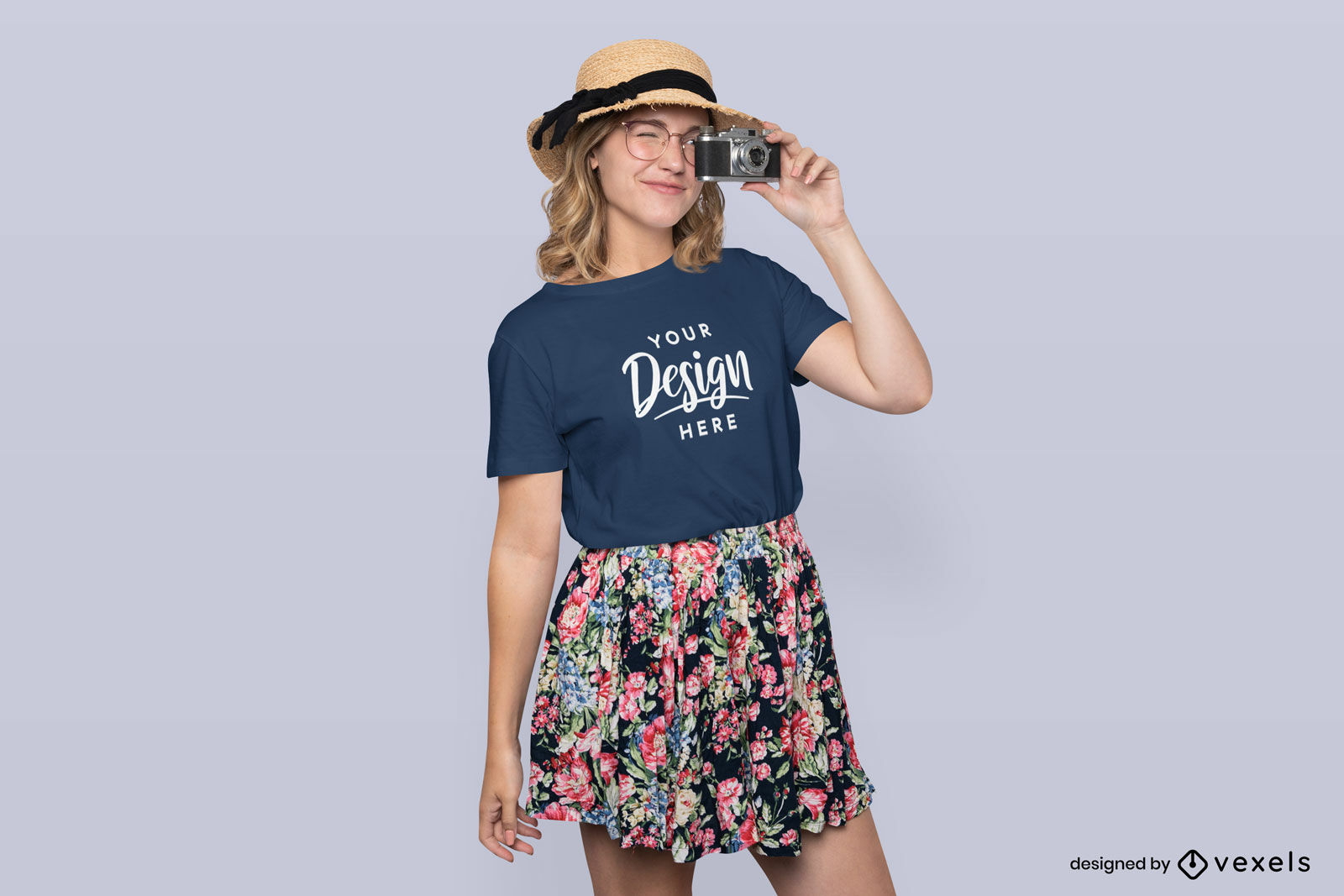 Woman with camera and t-shirt mockup