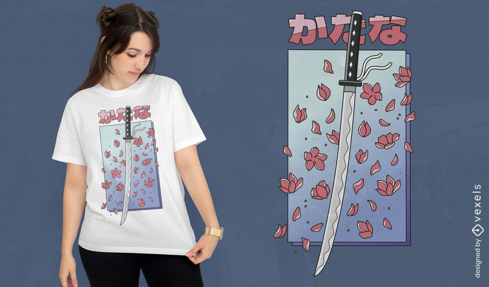 T-Shirt-Design mit Katana- und Sakura-Blütenblättern