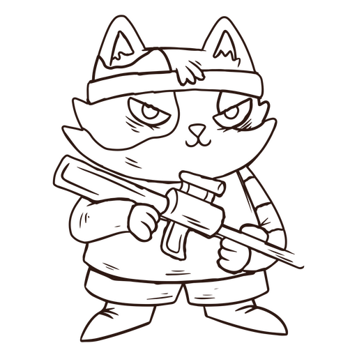 Dibujo en blanco y negro de un gato sosteniendo una pistola. Diseño PNG