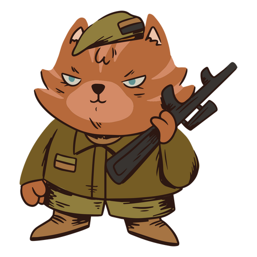 Gato de dibujos animados con uniforme militar sosteniendo una pistola Diseño PNG