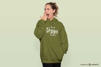 Mujer con maqueta de cara sorprendida y sudadera con capucha