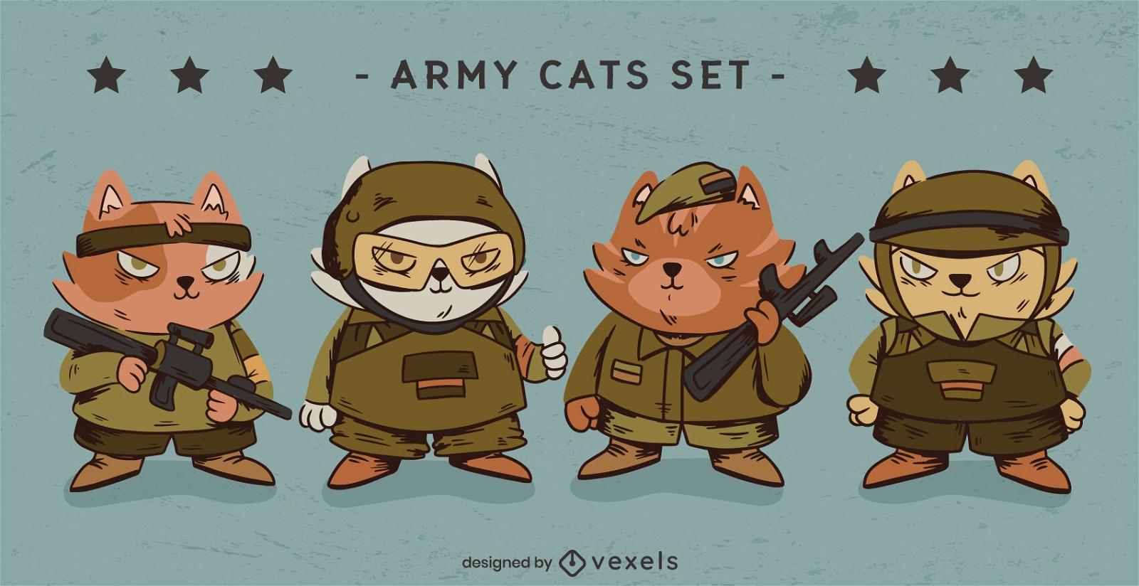 soldado, gato, animales, caricatura, ejército, conjunto