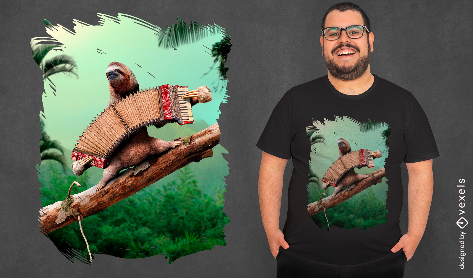 Design de camiseta de acordeão tocando preguiça