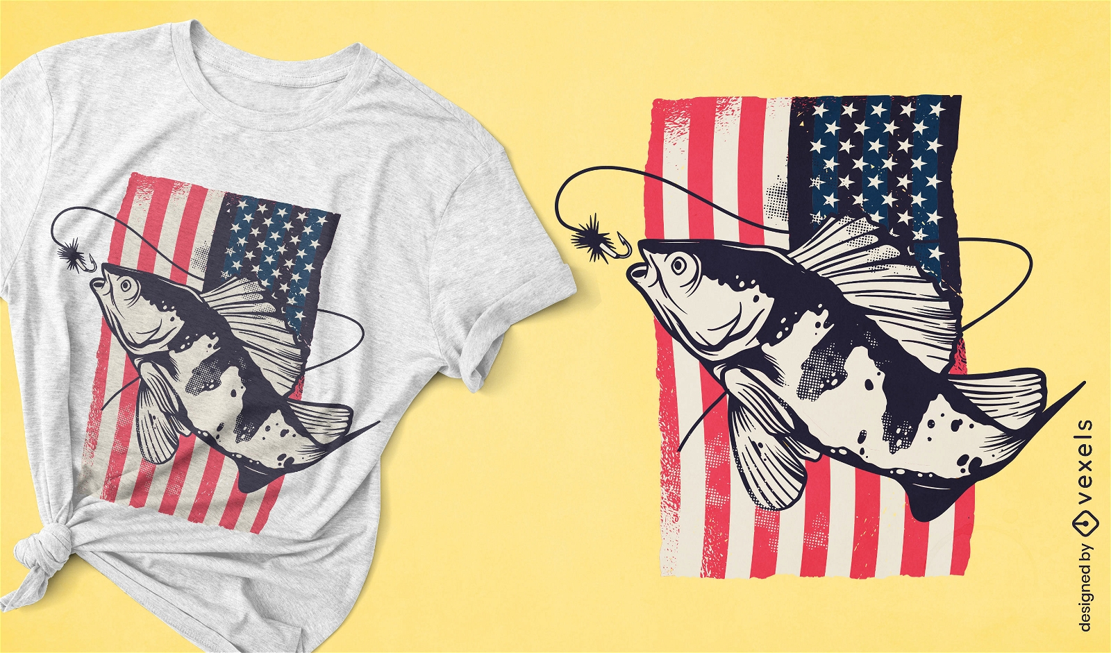 Diseño de camiseta de pesca con bandera americana.