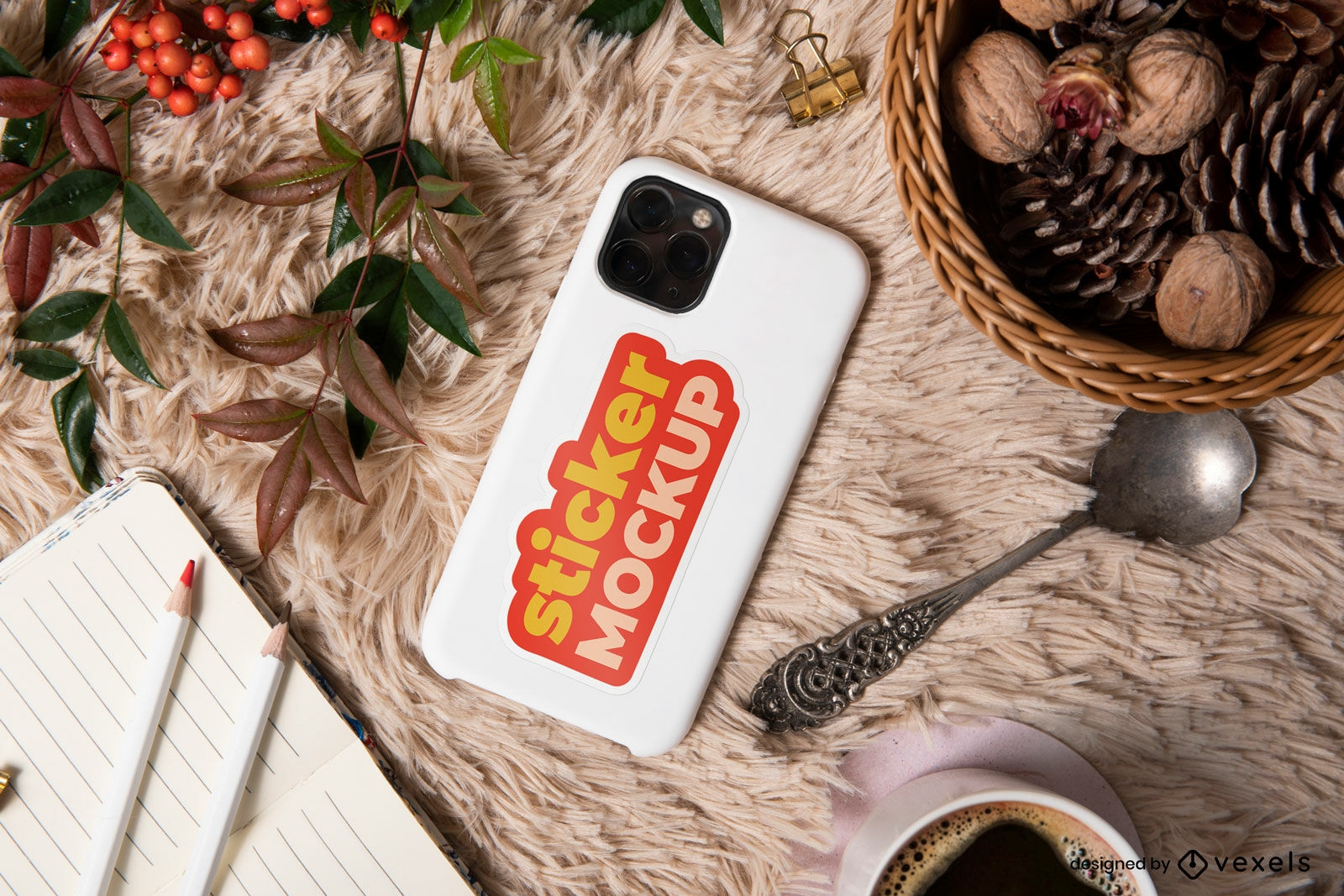 Phone case with sticker over rug mockup