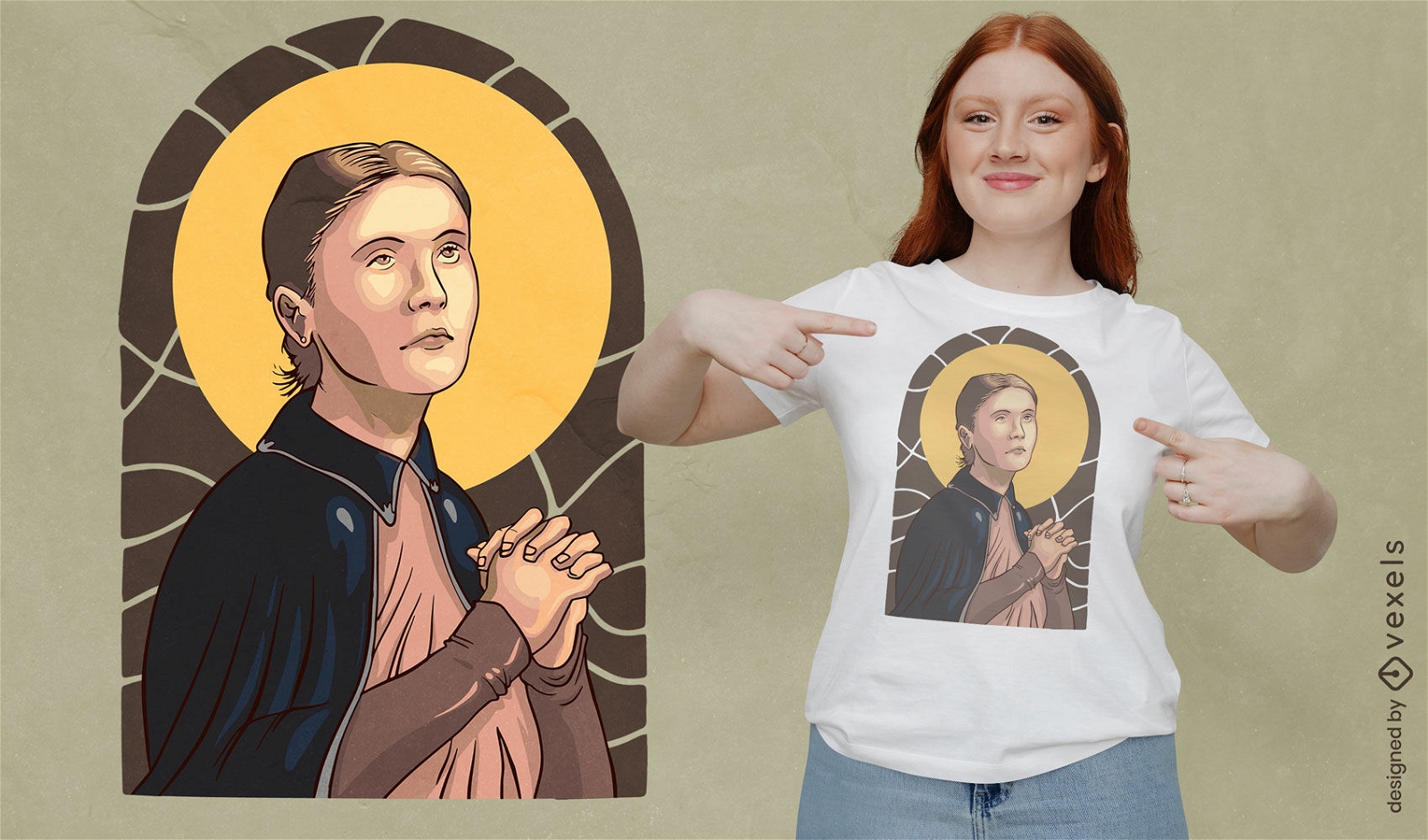 Realistische Frau, die T-Shirt-Design betet