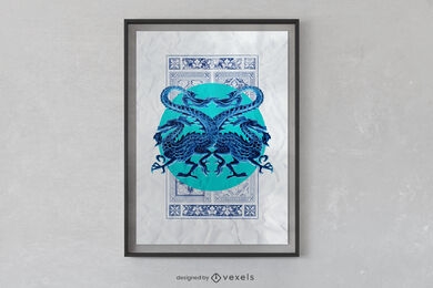 Blue chinese dragons creatures poster design
