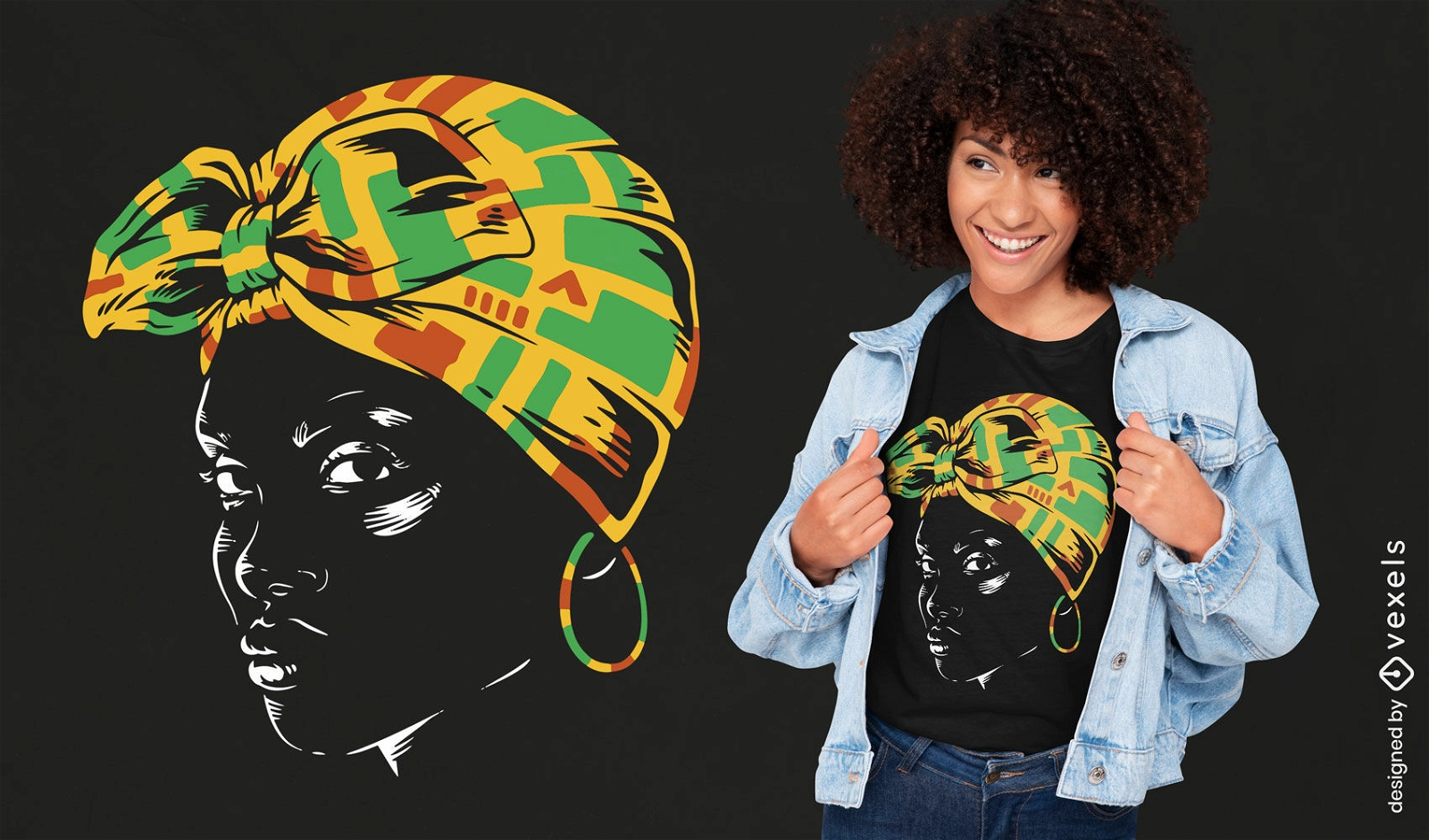 Mujer afro con diseño de camiseta de bufanda Kente