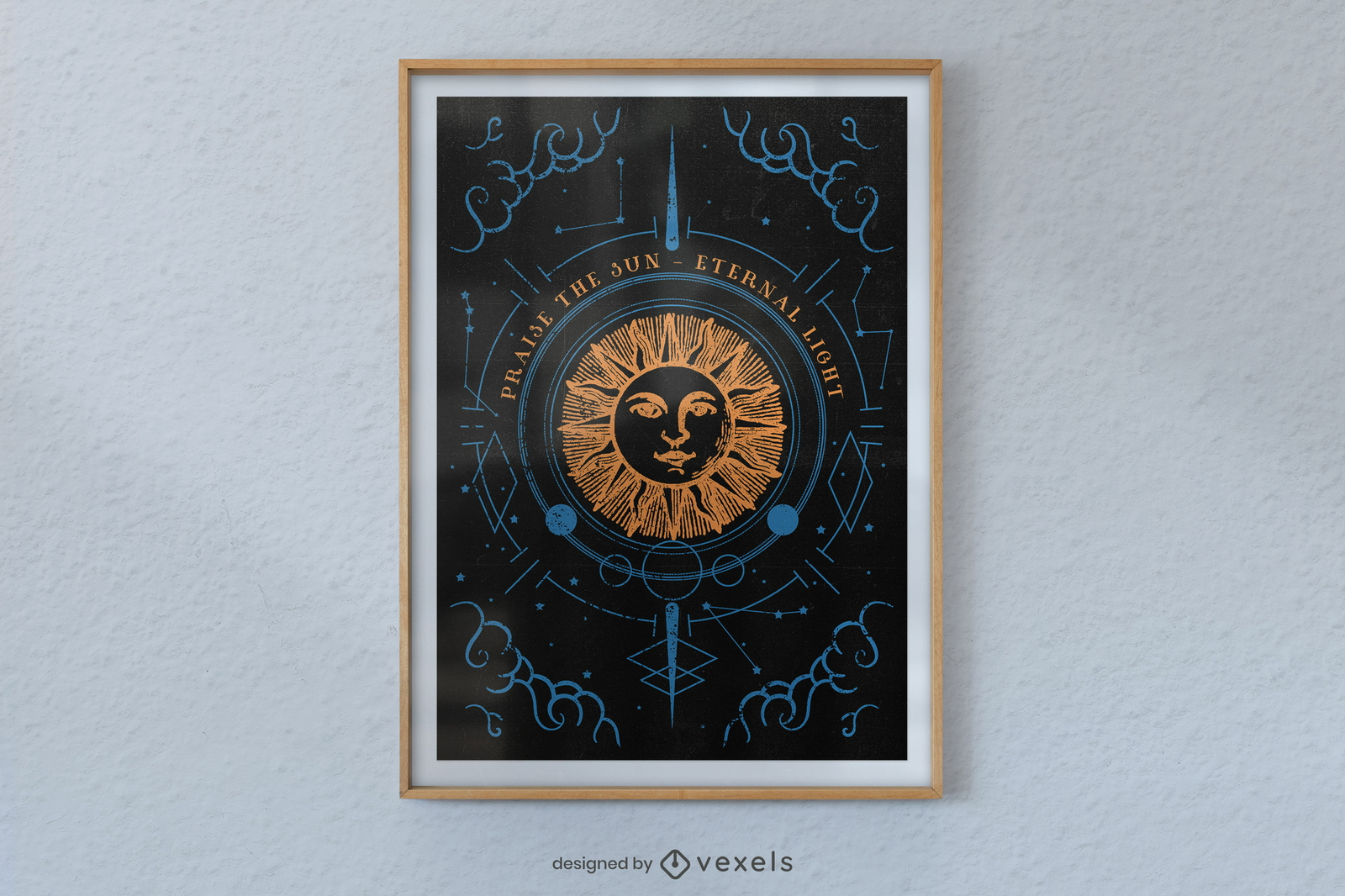 Diseño de cartel místico de arte de línea de sol.