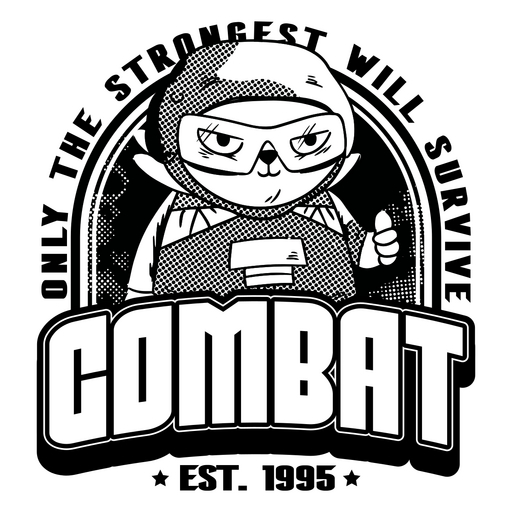 Imagen en blanco y negro de un personaje de dibujos animados con la palabra combate. Diseño PNG