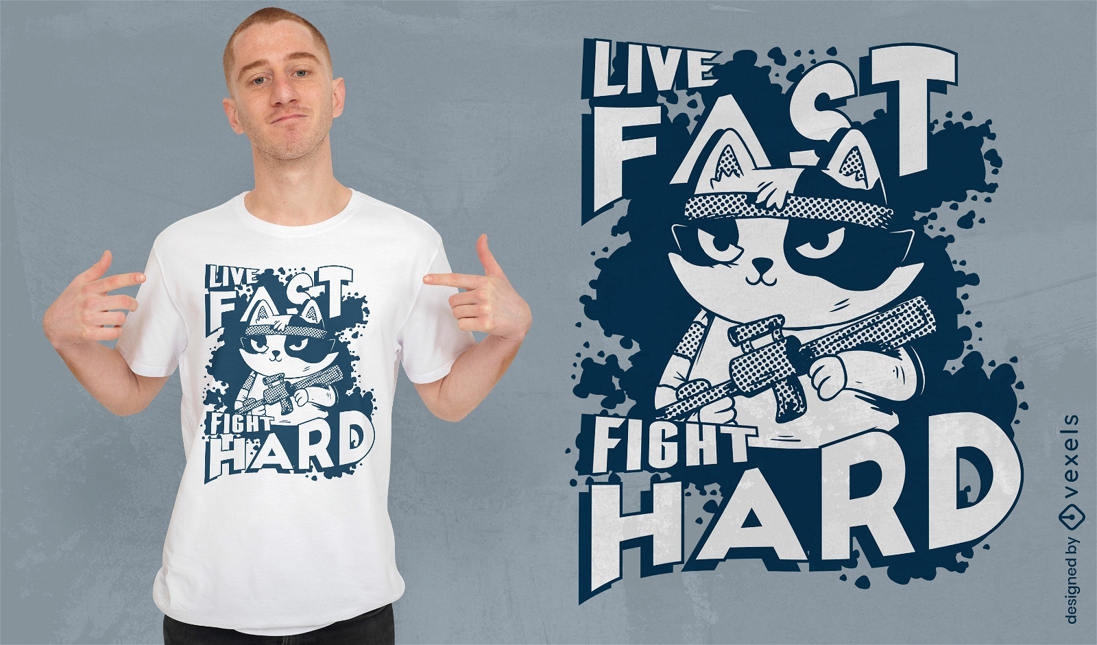 Lebe schnell, kämpfe hart, Katzen-Cartoon-T-Shirt-Design