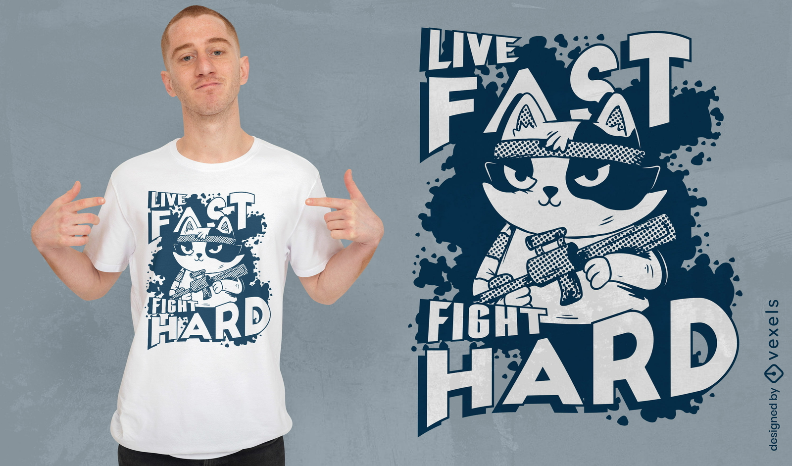 Viva rápido, lute com força no design de camiseta de desenho animado de gato