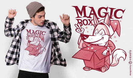 Design de t-shirt de desenho animado retrô de raposa de caixa mágica