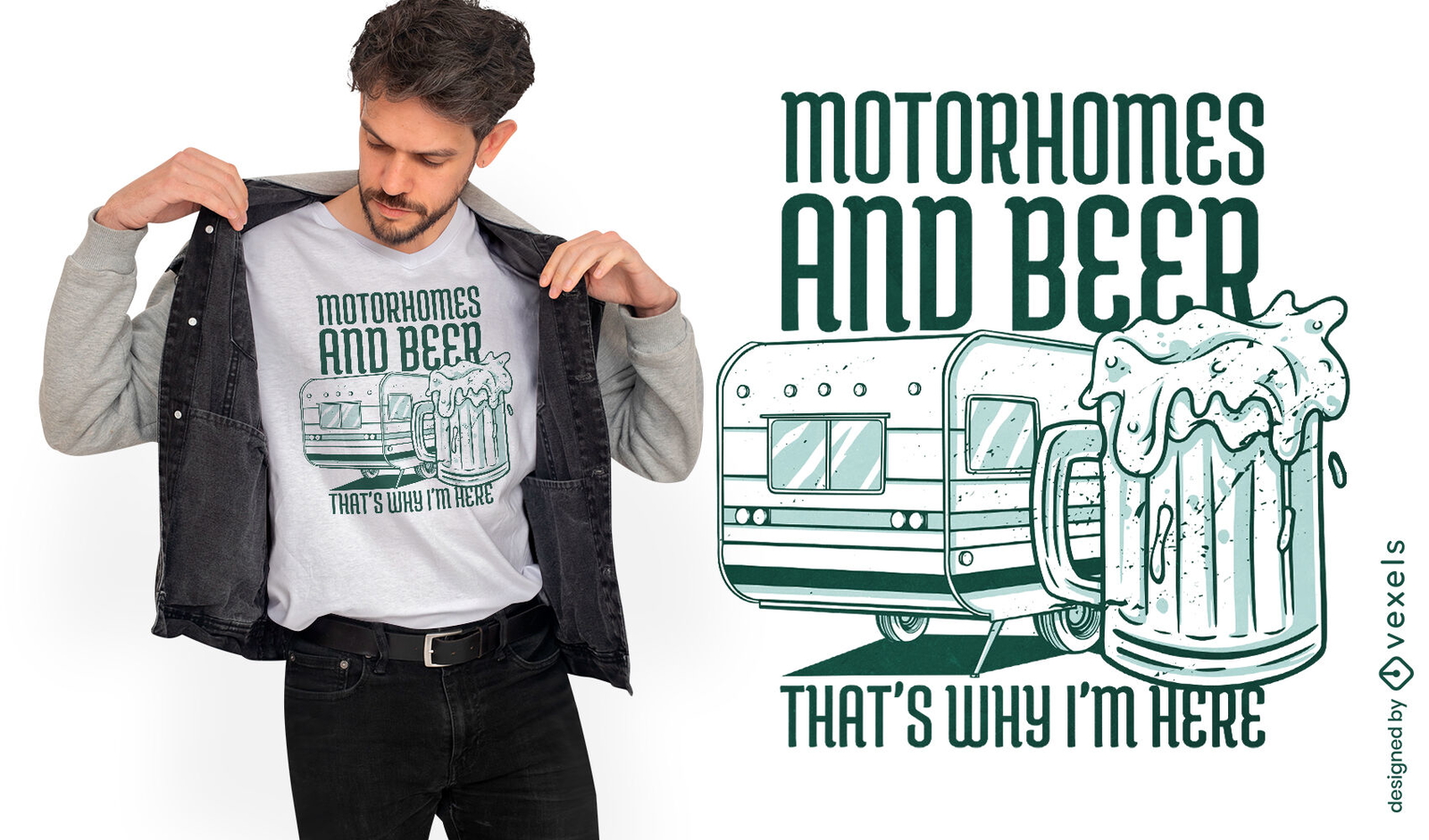 Design de camiseta com citação de motorhomes e cerveja