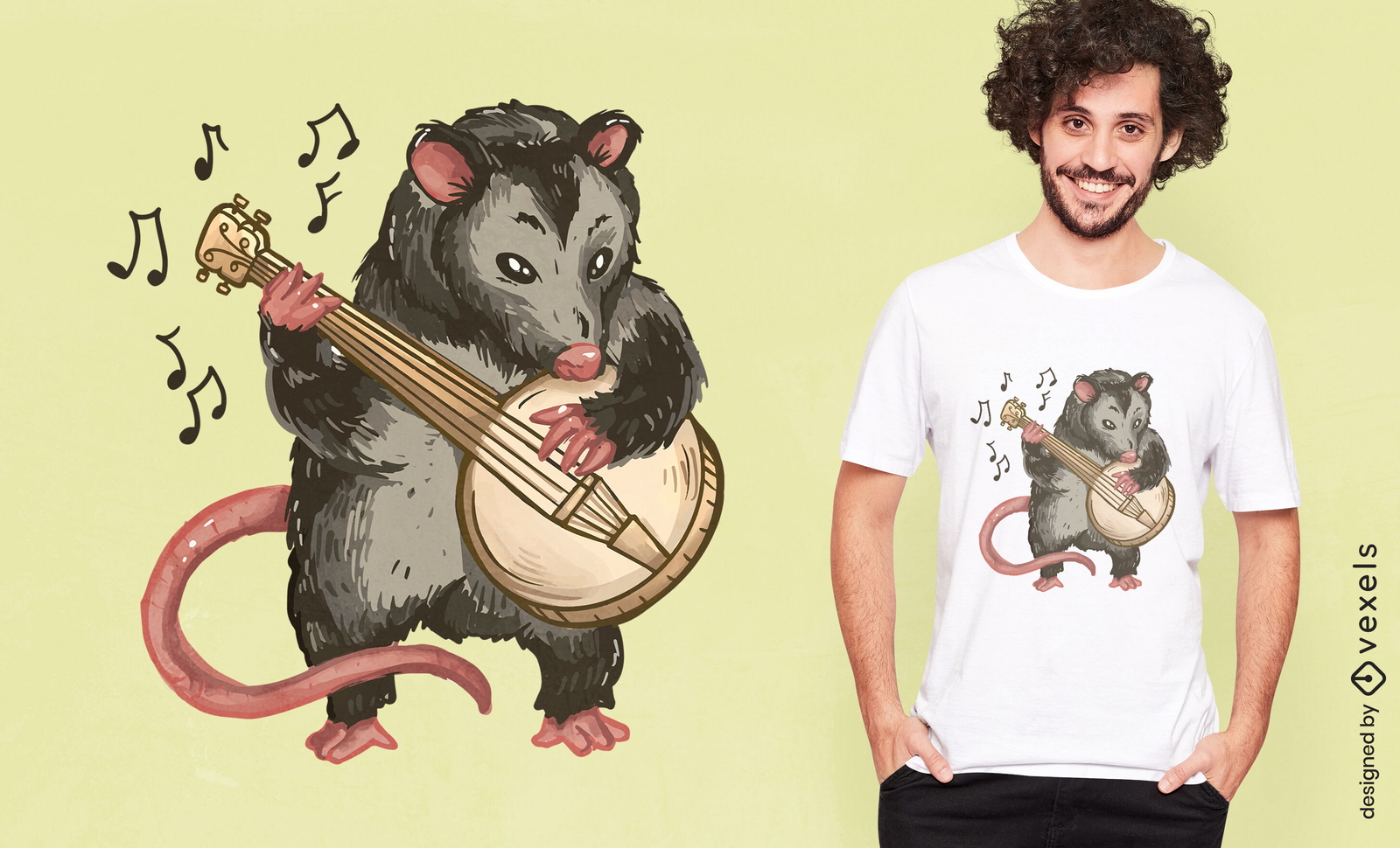 Design de t-shirt de personagem de animal banjo gambá