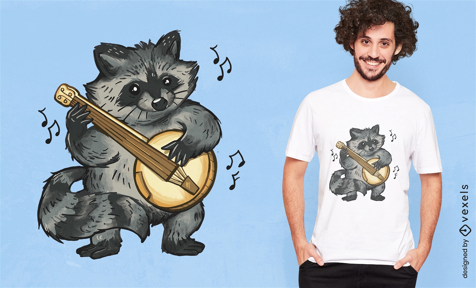 Diseño de camiseta de mapache tocando banjo