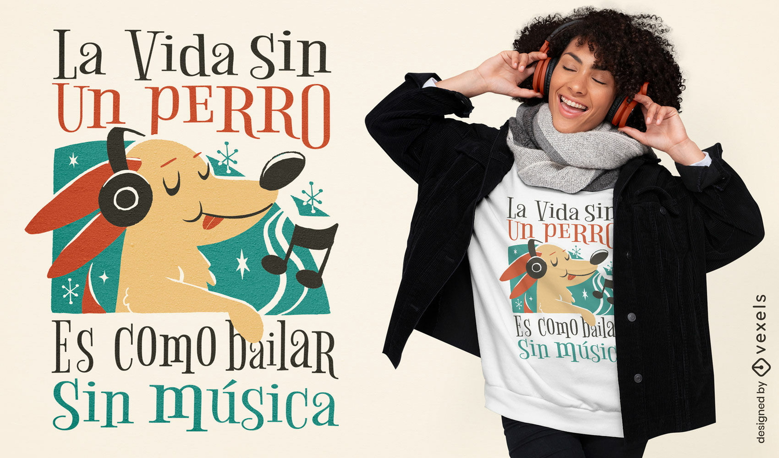 Diseño de camiseta de cita de música de perro de dibujos animados