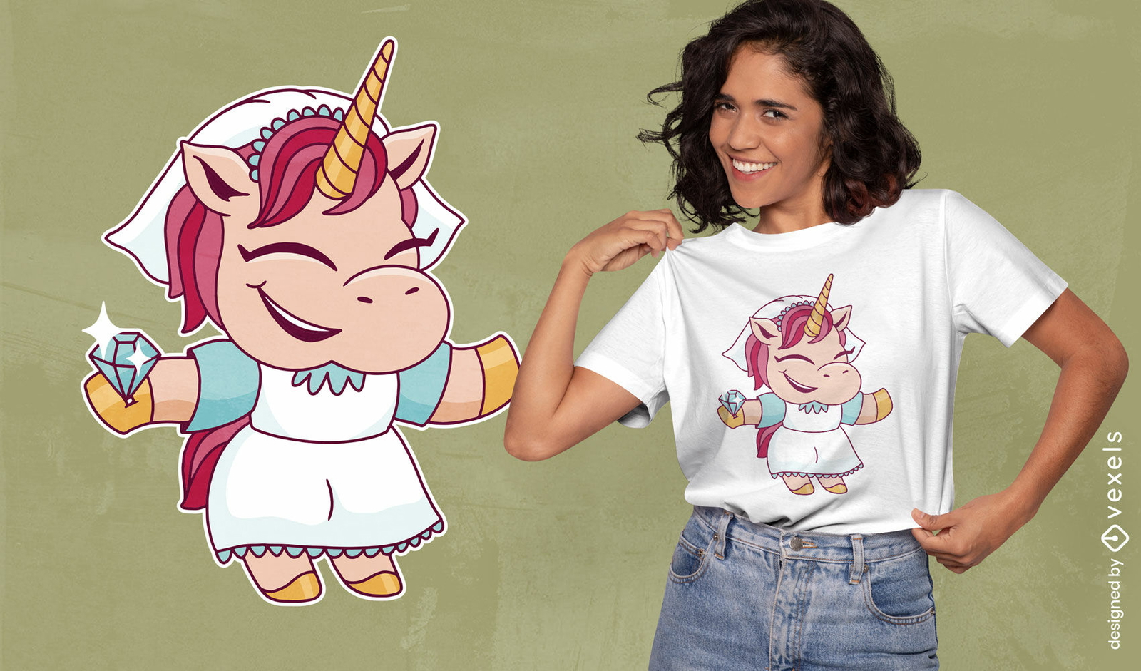 Diseño lindo de la camiseta de la historieta del unicornio de la novia de la boda