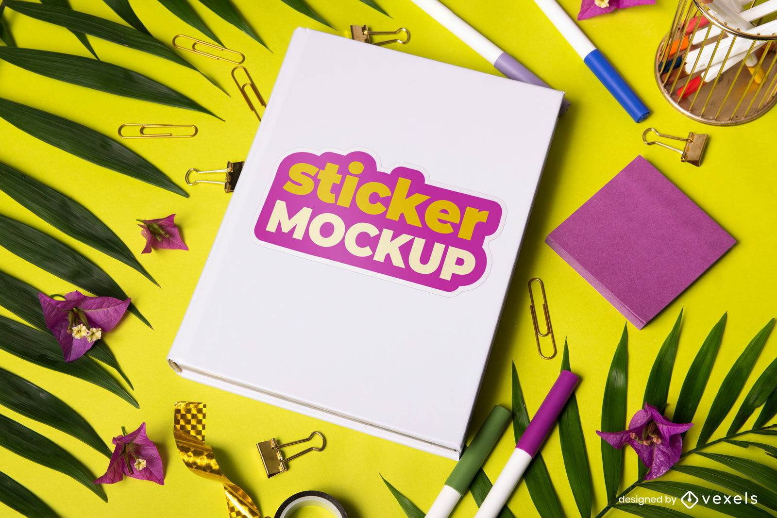 Blank book cover with sticker mockup