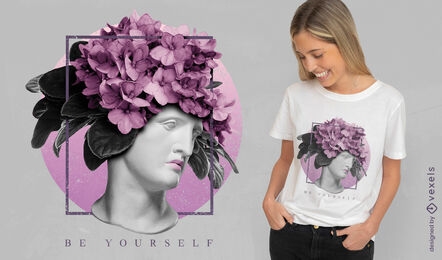 Diseño de camiseta de estatua con flores en la cabeza.