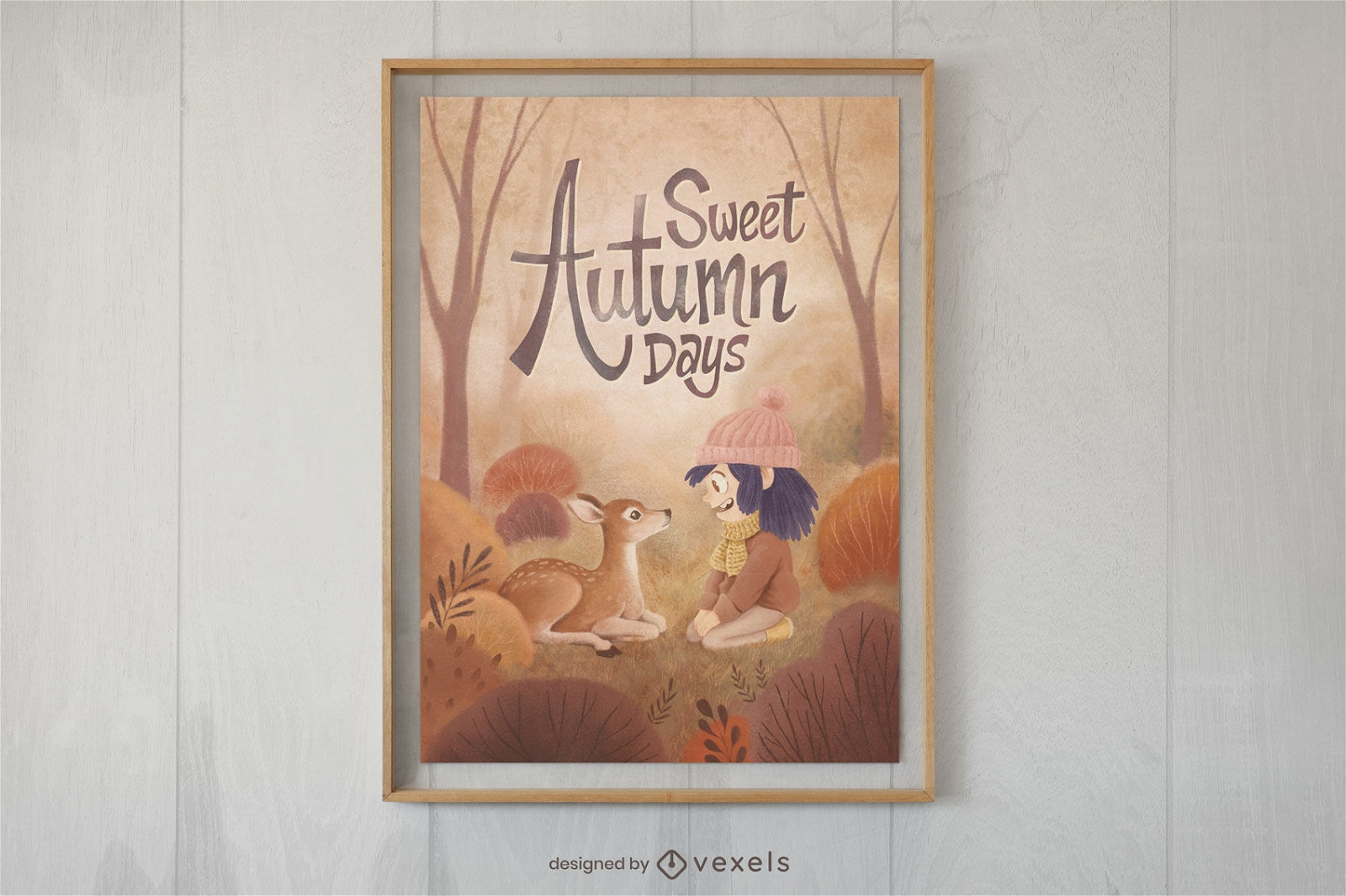 Chica y ciervo en diseño de cartel de otoño.