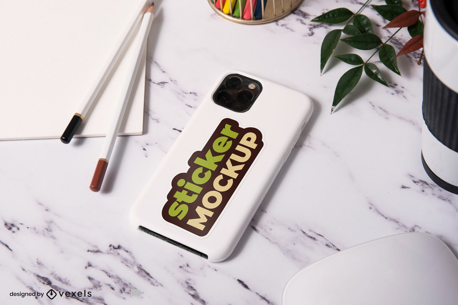 Sticker on cellphone over marble table mockup