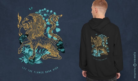 Design de camiseta de arte de linha de fogo de leão respirando