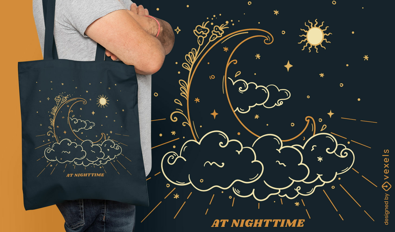 Diseño de bolso tote luna oscura y nubes.