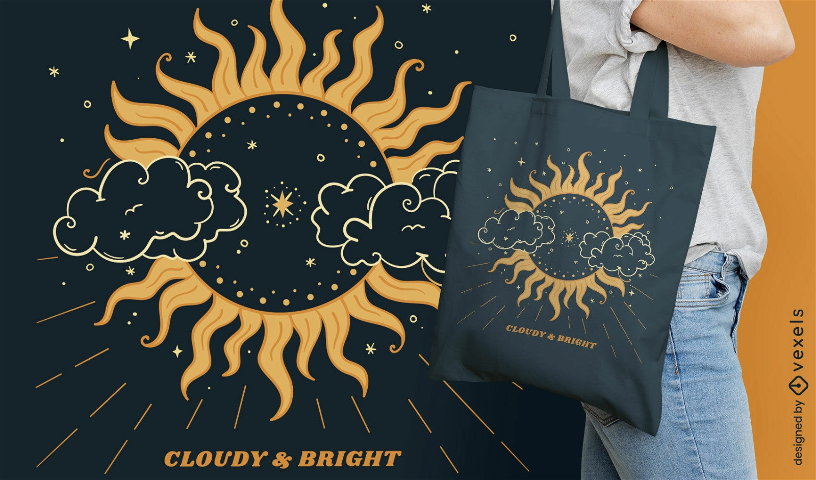 Design de bolsa sol escuro e nuvens